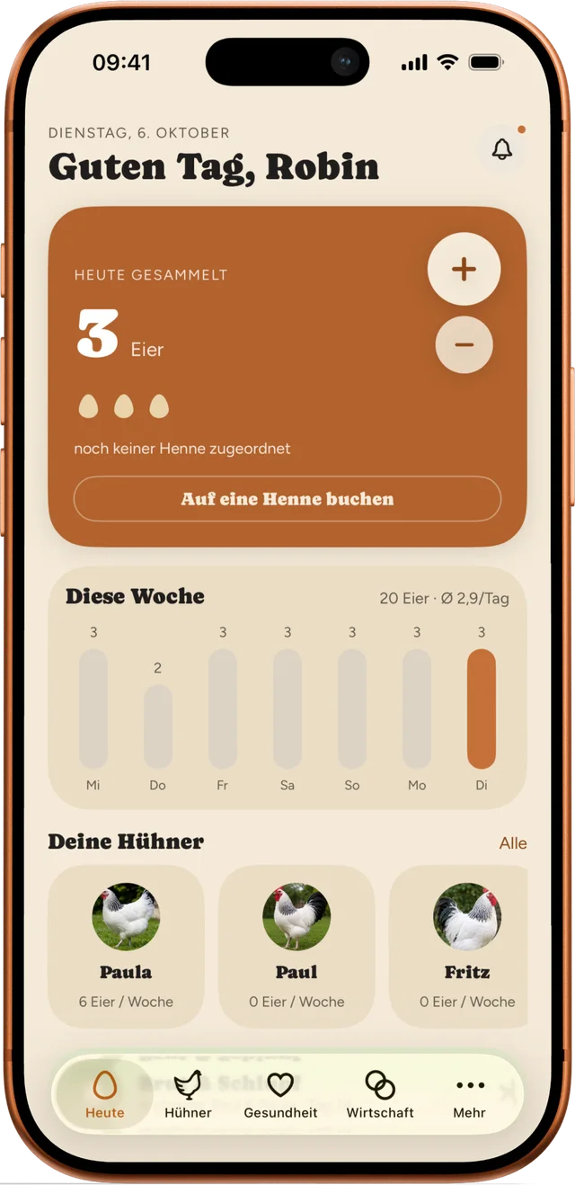 Heute-Ansicht: 3 Eier gesammelt, Wochenbalken und deine Hühner